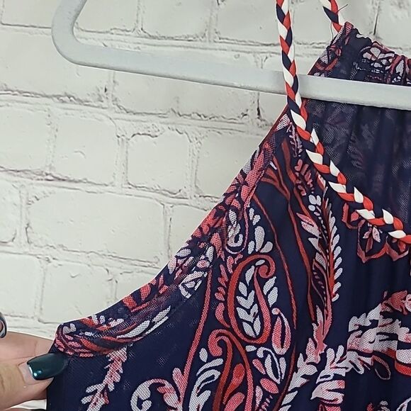 Spense Strappy Cami Navy Red Tank Sleeveless Braided Neck Mesh Blouse Shell Top - Picture 6 of 14